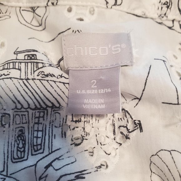 Chico's Sz 12/14 Novelty Vacation Print Eyelet Button Up Balloon Sleeve Top - Picture 8 of 11